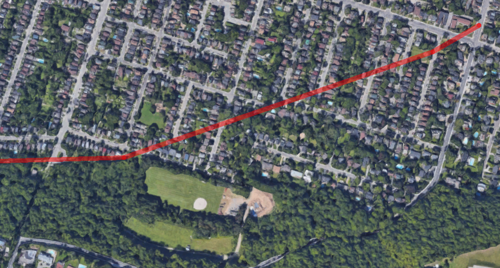Route of the old Hamilton-Brantford Radial Line through Kirkendall South neighbourhood (Image Credit: Google Maps)