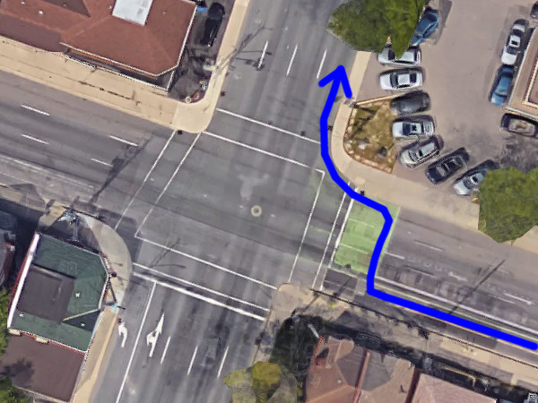 Bicycle right-turn movement from Cannon onto Victoria, using the bike box (Image Credit: Google Maps)