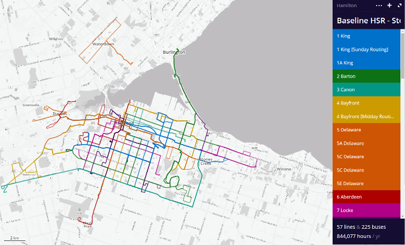 Baseline Conditions. I drew the existing network to determine the present day cost in service hours. 1 bus on the road for 1 hour = 1 service hour.