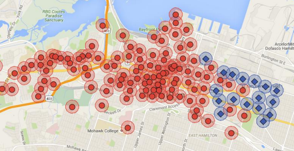 Map of existing hubs (red circles) and proposed Everyone Rides hubs (blue squares)