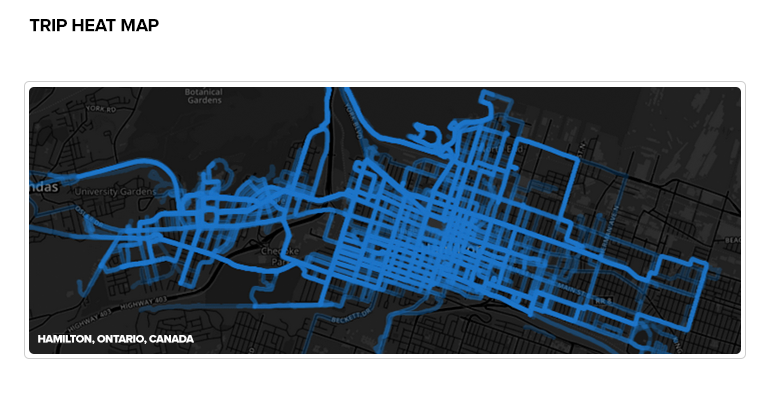 Heat map of Hamilton Bike Share trip from the launch to July 2, 2015