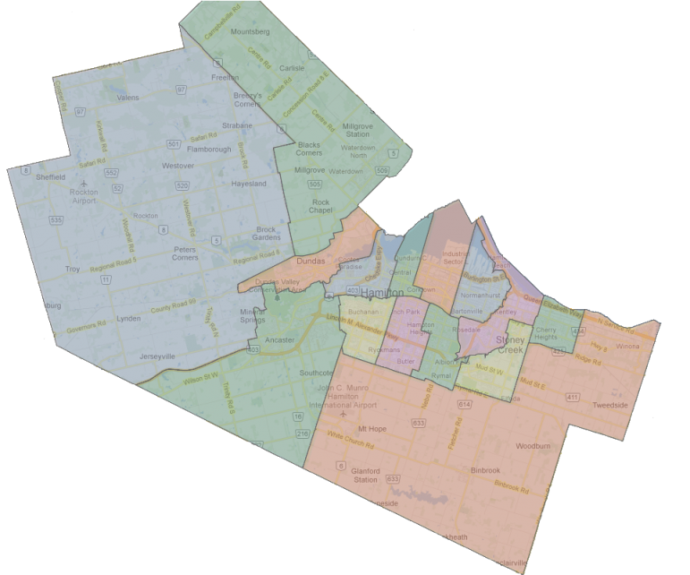 Hamilton's Ward Boundaries (Joey Coleman map overlay on Google Maps background)