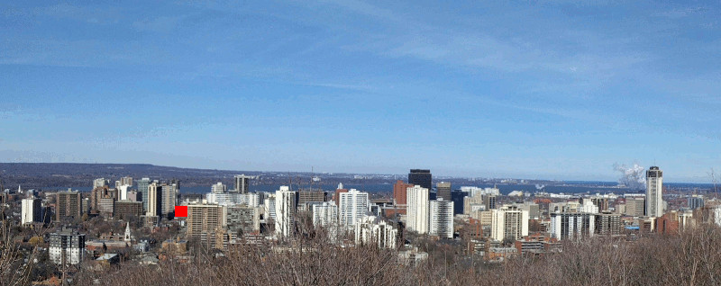 Downtown Hamilton skyline view from Claremont Access, Television City location highlighted in red (RTH file photo)