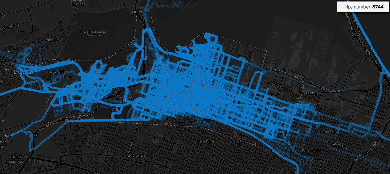 Heatmap of bike share trips between July 18, 2016 and July 24, 2016