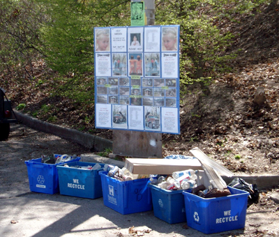 Five bins' worth of refuse finally make it to the recycling bin.