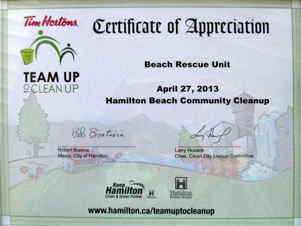 Certificate of Appreciation to the Beach Rescue Unit: a job well done.