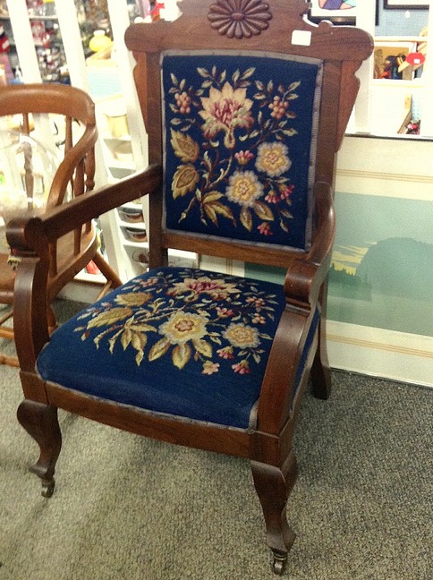 Victorian Arts and Crafts upholstered solid oak chair with lovely hand crafted floral needlepoint. A labour of love. For $75! What a steal!