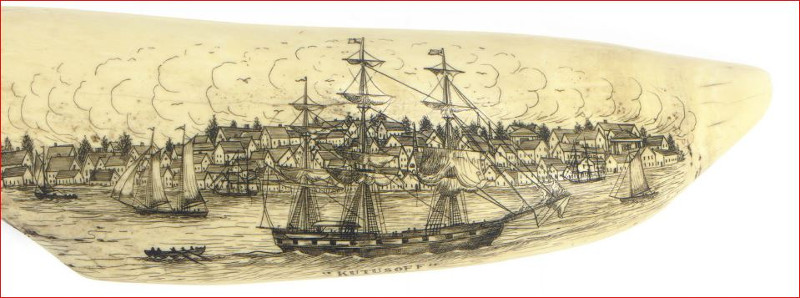 Rare and important whale tooth scrimshaw, by 'anonymous', sold for $12,500, at Christie's Auction House in New York City, in 2009.