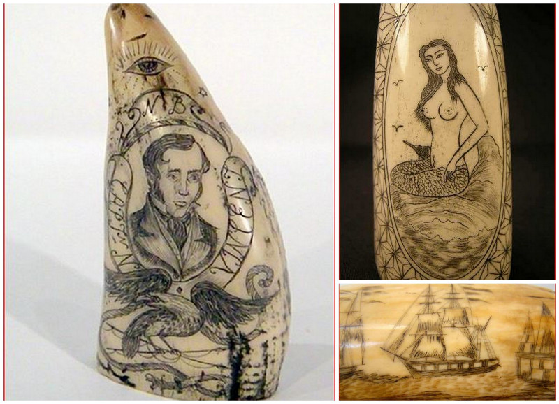 Captain, mermaid and ship scrimshaw on whale teeth.