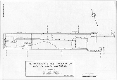 Hamilton's overhead trolley system in 1959 (Photo Credit: <http://ca.geocities.com/hsrtrolleys@rogers.com/Trolleys.html>)