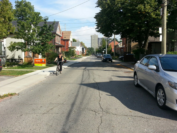 Looking east on Hunter Street west of Queen