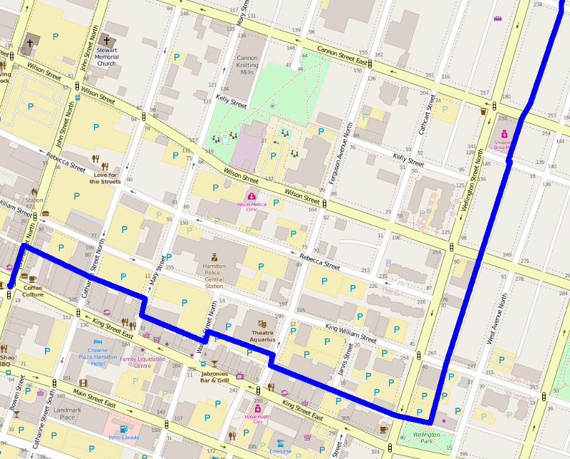 Part of the alleyway route from Gore Park to Hamilton General Hospital (Route overlaid on OpenStreetMap)