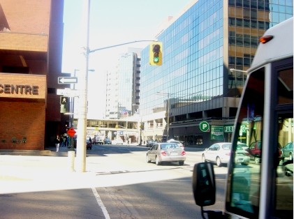 Pedestrian's view of a downtown block apparently built with Duplo