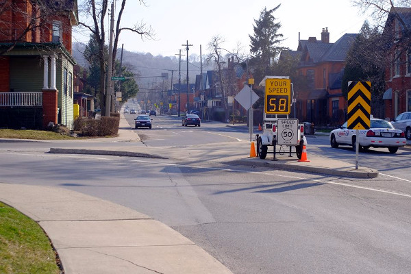 Mobile speed radar at Herkimer and Queen (Image Credit: Kirkdendall Neighbourhood Association)