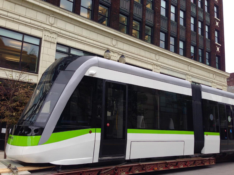 LRT vehicle on display on James Street North in front of Lister Block (Image Credit: Jason Leach)