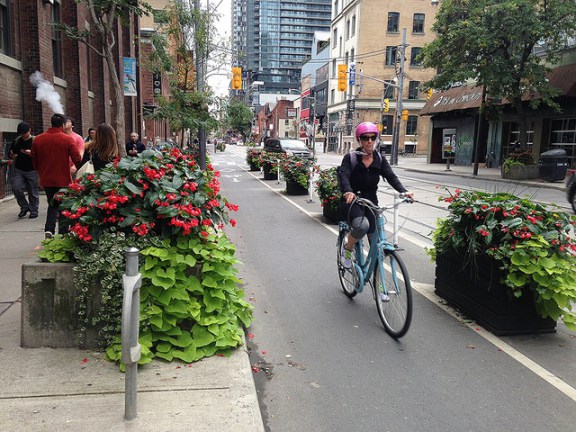 Planter-protected bike lane in Toronto