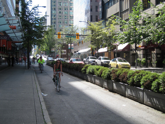 Planter-protected bike lane in Vancouver