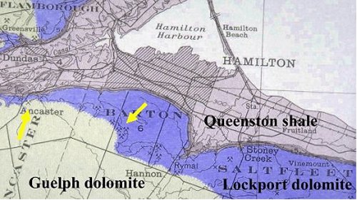 Figure 3: Geological map showing the outcrop of the Lockport (in blue). Yellow arrows indicate location of quarries in the Eramosa (crossed hammers).