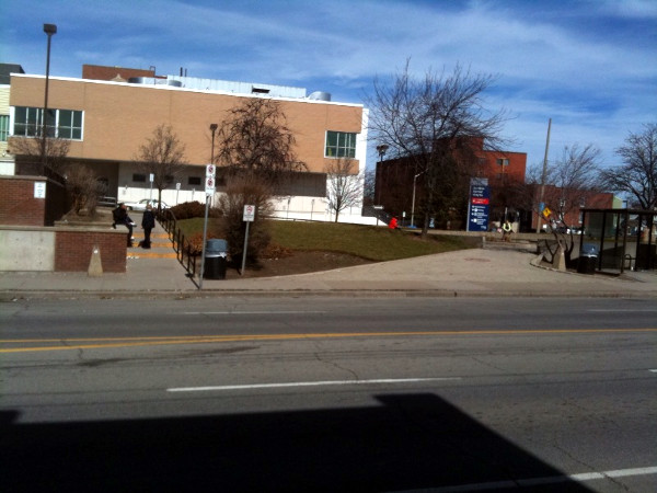 Hamilton General Hospital main entrance as seen from beginning of Hospital Alley