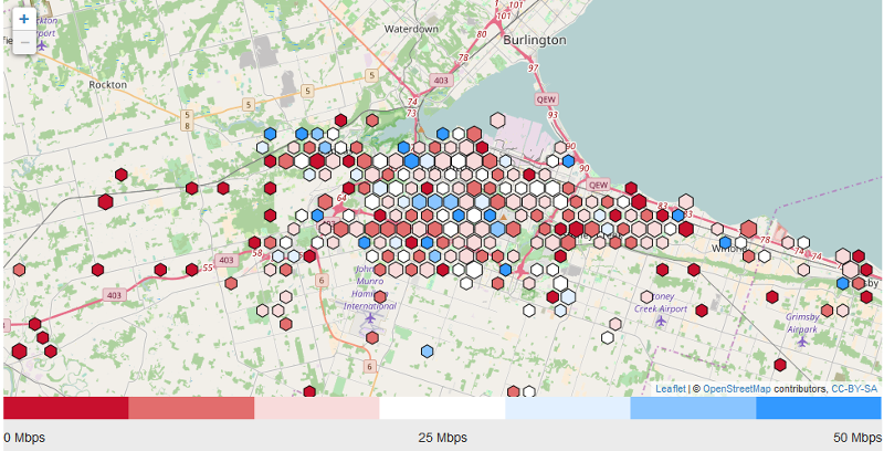 Measured internet speeds in Hamilton (Image Credit: CIRA)