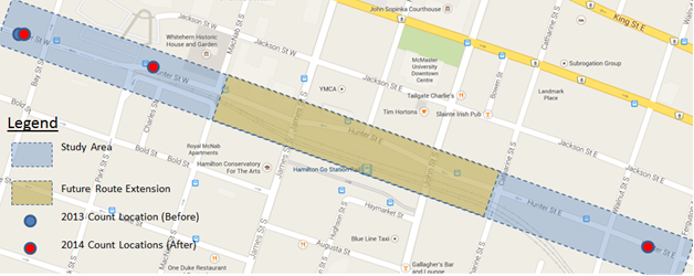 Map of bike traffic count locations on Hunter Street (Image Credit: City of Hamilton)