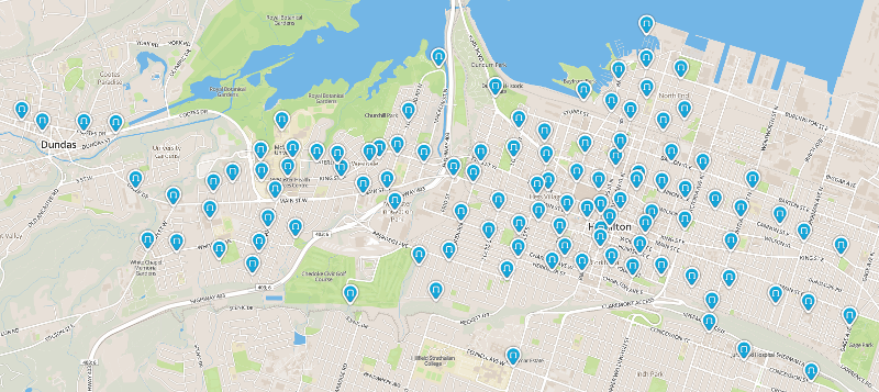 Map of Hamilton Bike Share hub stations (Image Credit: Hamilton Bike Share)