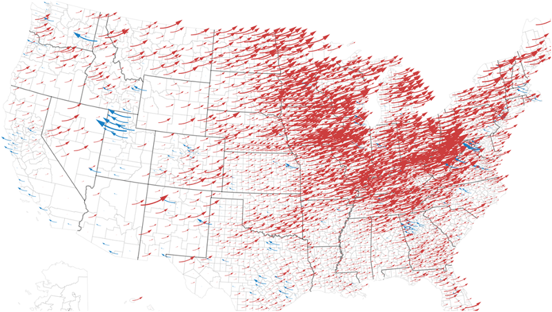 Red signifies counties where Trump earned more support in 2016 than Mitt Romney did in 2012. (Image Credit: New York Times)