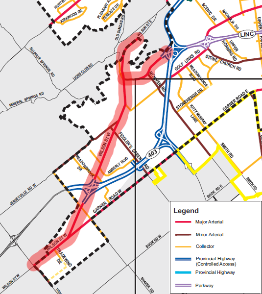 Wilson Street and Mohawk Road/Rousseau Street highlighted in the City's road classification map with superimposed map legend (Image Credit: Urban Hamilton Official Plan, Appendix 11)