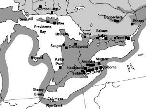 Figure 4. Part of a map showing the sources of chert used for aboriginal tools. Note the sites south of Ancaster and along the northeastern shore of Lake Erie. From Fox.