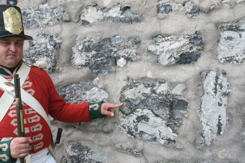 Figure 12. Chert (dark grey) in fine grained Devonian limestone at Fort Erie. Photo provided by Joe Hannibal. The present Fort is a reconstruction dating from 1937-1939, of the fort as it was before it was destroyed by the American in 1814. That fort was built from 1803 to 1813, and was preceded by earlier ones dating back to 1764. The stone is described in the official website as 'Onondaga Flintstone', i.e., the local Bois Blanc Formation.