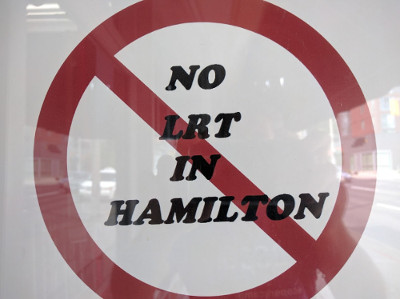 'No Hamilton LRT' with a red circle and diagonal line around it - so, Yes Hamilton LRT?
