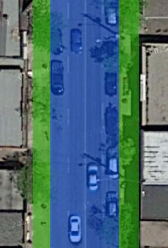 Ottawa Street North, just north of Cannon Street. Blue area is dedicated for cars, green area for everything else (Image Credit: Google Maps)