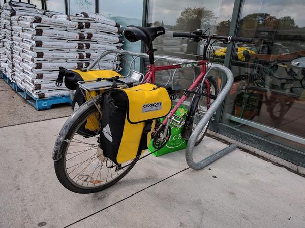 Bike with panniers outside Dundurn Fortinos