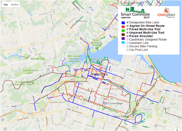 Figure 1: Bike lanes, routes, and trails in Hamilton (Smart Commute 2017)