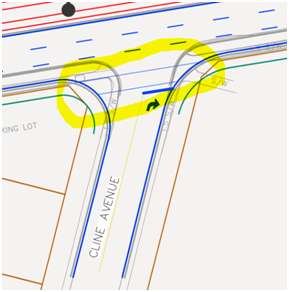 Figure 2: Larger curb radii proposed for Main/Cline intersection