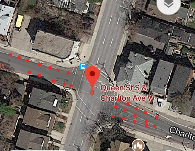 Proposed bollards (red circles) on Charlton at Queen to reduce dangerous speeding (Image Credit: Google Maps)