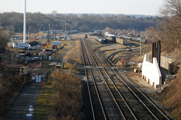 Rail Yard viewed from MacNab during reconstruction of Bay Street overpass (RTH file photo)