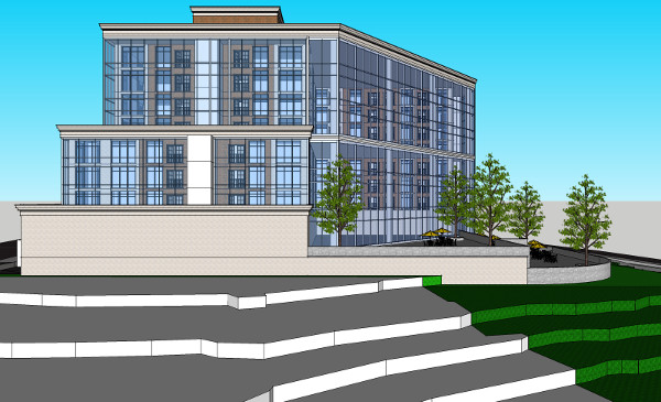 The north elevation of White Star's proposal for a building on the west side of Bay, 2012 version. The north and west sides are entirely glass, to buffer noise from the railyard without losing the views.