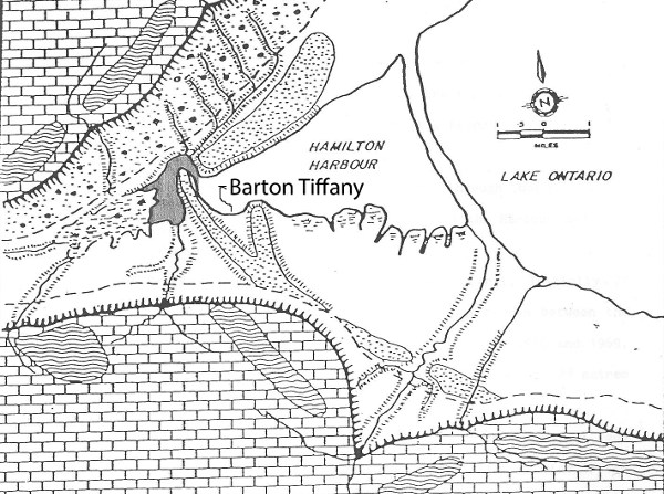 The Iroquois Bar is the dotted area that runs across the lower city. The pencil-shaded area indicates the pre-railroad outlet by which Cootes Paradise drained into the Harbour. Barton-Tiffany lies in the cove between two lobes of the Bar. Source: Mark Sproule-Jones, Hamilton and its Harbour.