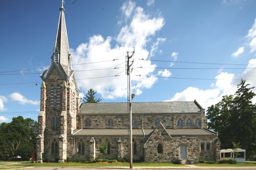 Fig. 1. Paris, Sacred Heart Roman Catholic Church, exterior from S(N), aisle by John Maxwell (1857), tower and spire, nave clerestory, chancel and vestry by John Turner (1881, chancel clerstory after 1912.