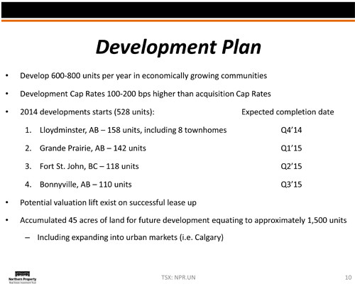 Food, fuel, and fibre. Above, the list of Northern Properties' investments in the back country, where people are still engaged in basic production. Lloydminster has a Husky refinery and an Archer Daniels Midland canola plant. The Weyerhaeuser pulp mill in Grande Prairie has a capacity of 390 thousand metric tons. The Peace Valley oriented strand board mill in Fort St. John can put out 820 million square feet annually. Bonnyville is near the Cold Lake military base, in the heart of pumpjack land. Image: Northern Property investor presentation, January 2015.