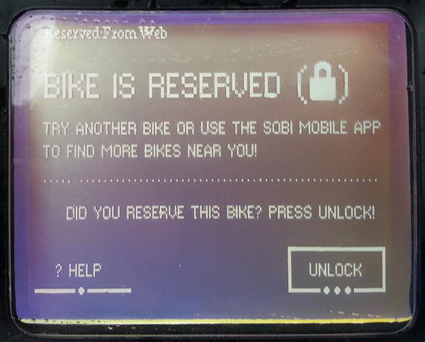 Bike is Reserved notice on a Sobi Bike
