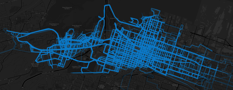 Hamilton Bike Share routes heat map, December 1, 2015 to December 6, 2015