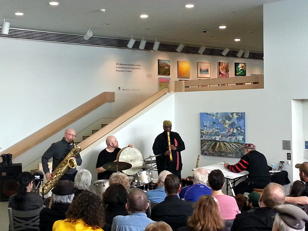 Mott on baritone sax, Steward on bodhran and Parker on flute