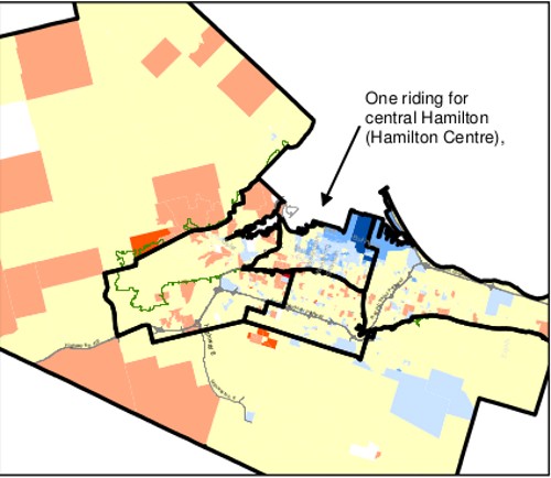 Map 2: First set of boundaries for Hamilton's five ridings from the 2012 Federal Electoral Boundaries Commission for Ontario (October 2012)