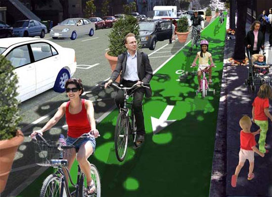 Protected bike lane with curbside parking and planters (Image Credit: Streetsblog)