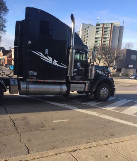 Transport truck blocking the crosswalk at York and Locke, November 17, 2017 (Image Credit: Jackson Thomas)