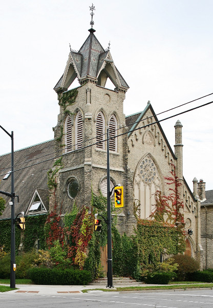 Fig. 11. Brantford, former Brant Avenue Wesleyan Methodist Church, John Turner, 1870-1871), exterior from (liturgical NW.