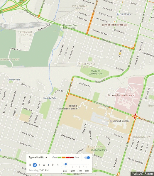 Animated GIF: Typical Traffic on Garth, Beckett, Aberdeen on a Monday, AM peak, midday and PM peak (Image Credit: Google Maps)