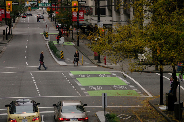 Intersection markings on Dunsmuir Bike Lanes, Vancouver (Image Credit: Streetsblog)